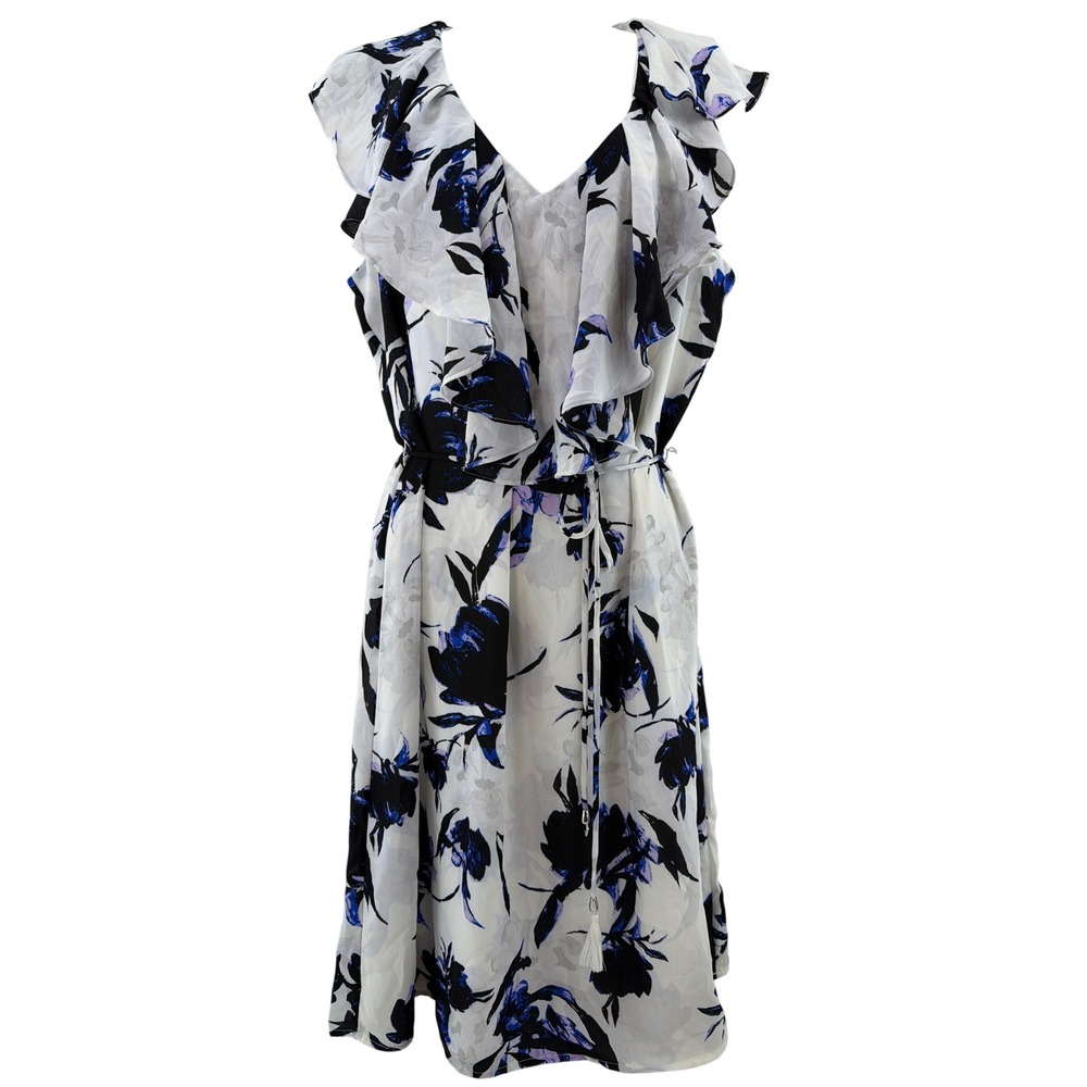 Ivanka Trump Floral Ruffle Dress Womens 10 White Blue NWOT Sleeveless Midi